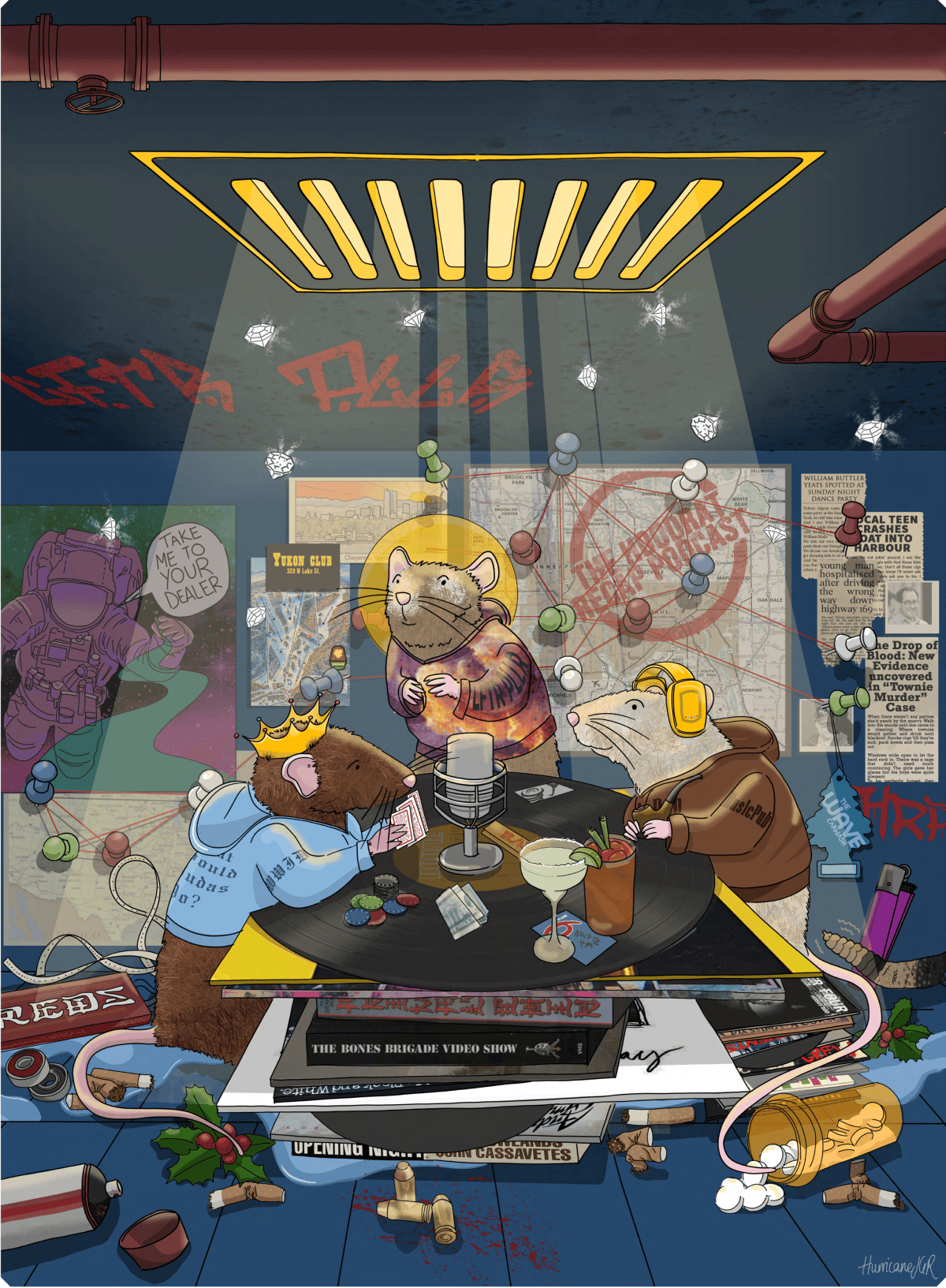 Three illustrated hoodrats recording a podcast around a record-shaped table beneath a stage light