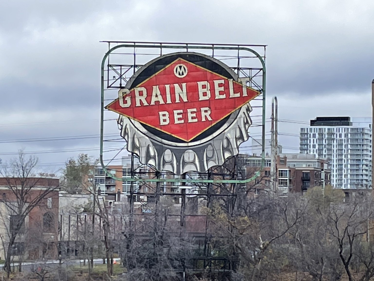 The Grain Belt Beer sign against the Minneapolis skyline