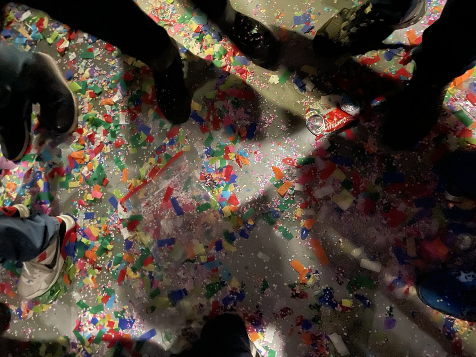 Colorful confetti covering the floor after the show